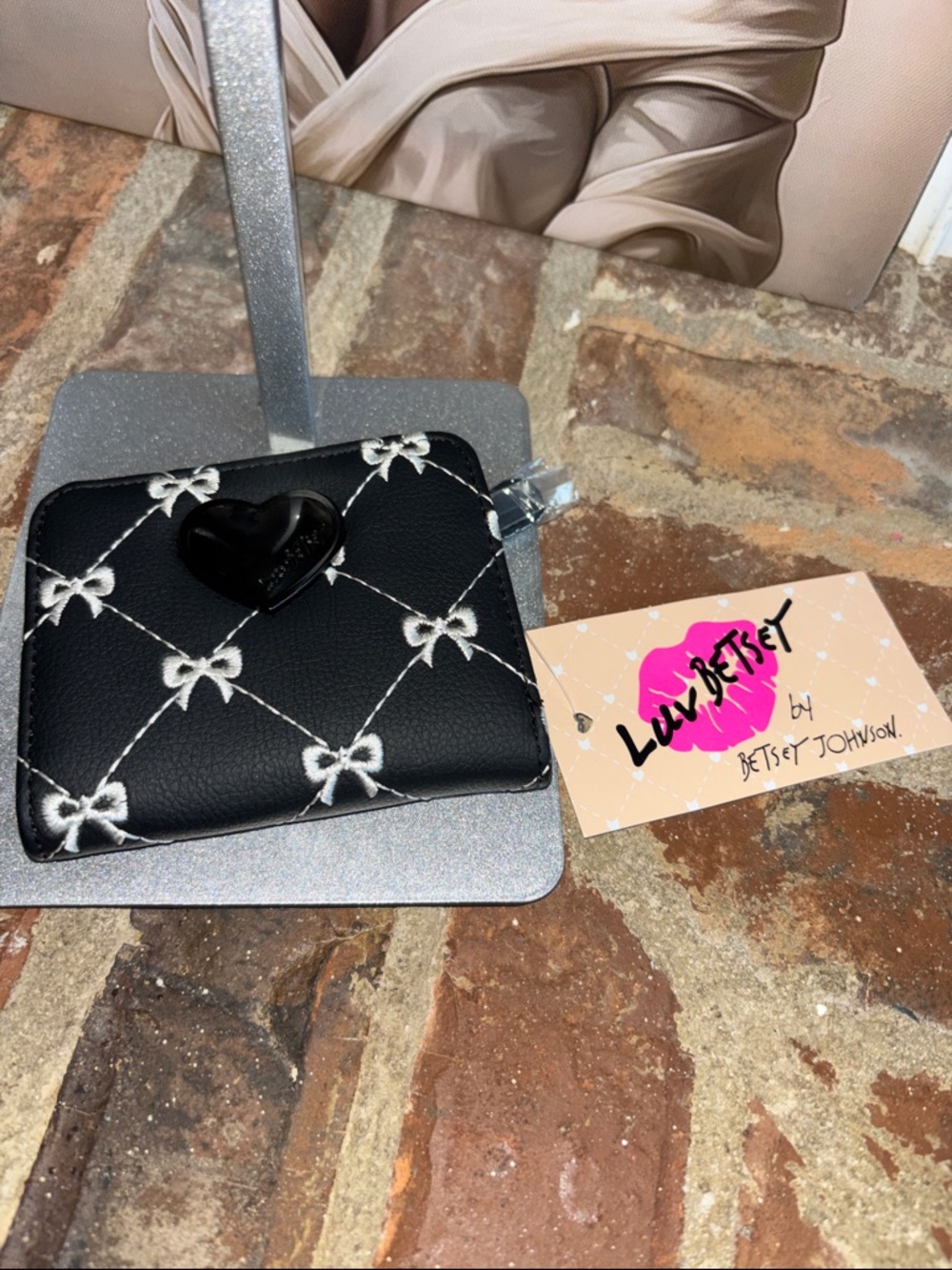 Betsey Johnson Black Quilted Bow Heart Card Wallet